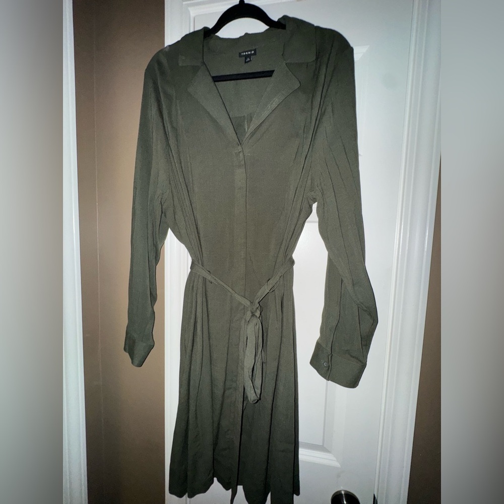 torrid Olive Green Tie-Waist Midi Shirt Dress